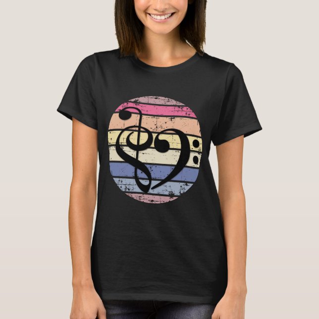 Camiseta Bold Musical Heart Over Retro Sunset Color Bands (Frente)
