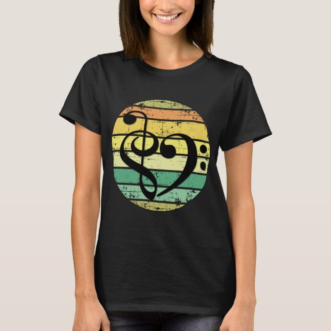 Camiseta Bold Musical Heart Over Retro Sunset Color Bands (Frente)