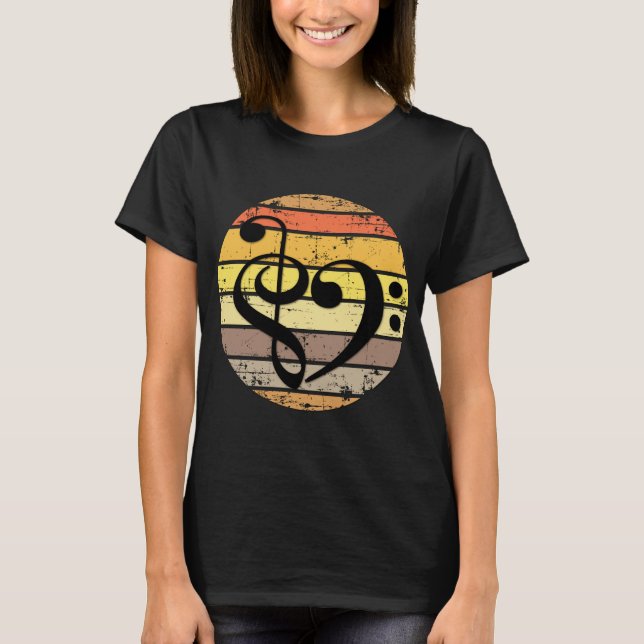 Camiseta Bold Musical Heart Over Retro Sunset Color Bands (Frente)