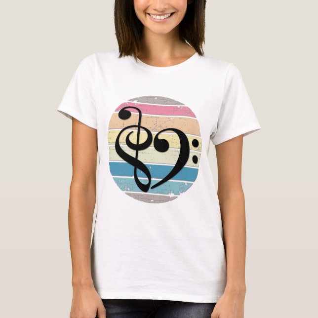 Camiseta Bold Musical Heart Over Retro Sunset Color Bands (Frente)