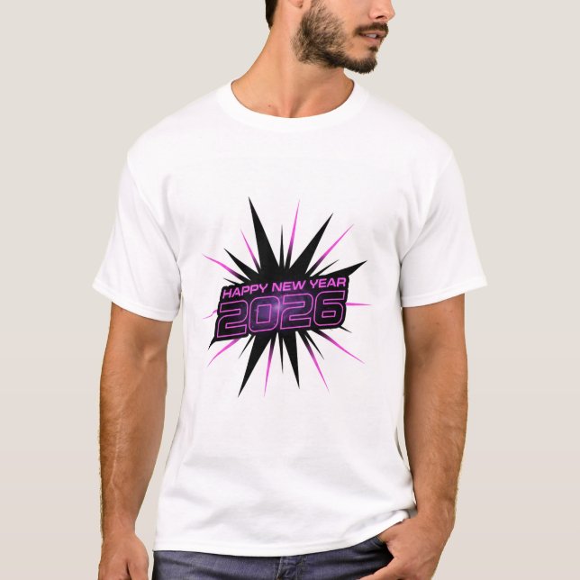 Camiseta Bold Purple & Black 2026 New Year Party AppT-Shirt (Frente)