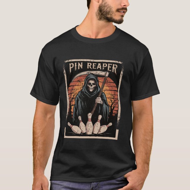 Camiseta Boliche Engraçado Grim Reaper Bowler Oferece Homen (Frente)