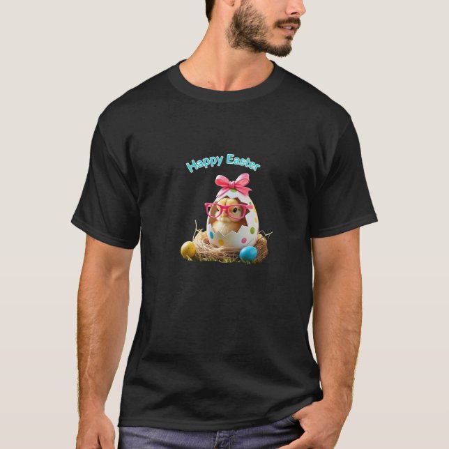 Camiseta Bolinhas Pintinho de ovos com Felzs pascoa de ócul (Frente)