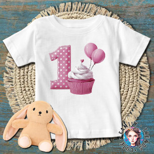 Camiseta Bolo de Aniversário de 1 Ano Rosa
