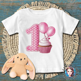 Camiseta Bolo de Aniversário de 1 Ano Rosa