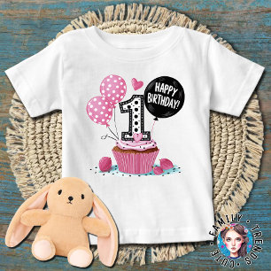 Camiseta Bolo de Aniversário de 1 Ano Rosa