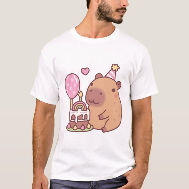 Camiseta Bolo de Aniversário e Balão Arco-íris de Capivara  (Frente)