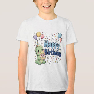 Camiseta Bolo de Aniversário Feliz e Balão de Dinossauro Be