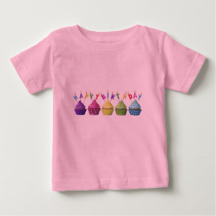 Camiseta Bolo de Aniversário Rosa Feliz Cupcake
