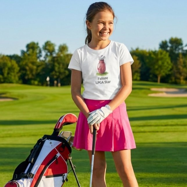 Camiseta Bolsa de Golfe Rosa Júnior Menina (Junior girl golf shirt.  Watercolor illustrated golf bag and "Future  LPGA star" slogan )