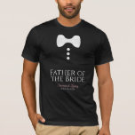 Camiseta Bom Arco do Casamento de Gravatas Brancas<br><div class="desc">Estas t-shirts divertidas são concebidas como favores ou presentes para o pai da noiva. A t-shirt é preta e apresenta uma imagem de uma gravata branca de arco e três botões. O texto diz Pai da Noiva, e tem lugar para o nome do casal de casamento e data do casamento....</div>