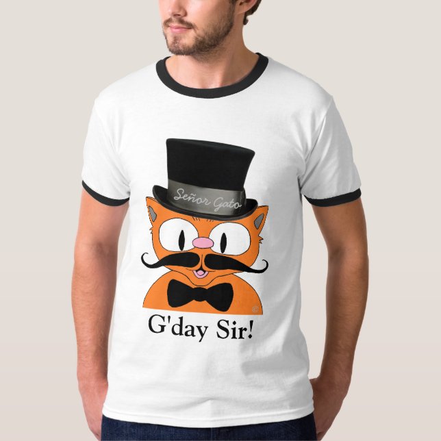 Camiseta "Bom Dia Senhor!" Gato com Chapéu Alto e Bigode de (Frente)