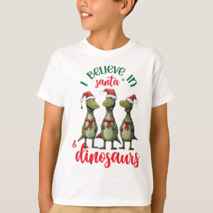Camiseta Bom Natal Acredito em Papais noeis e Dinossauros