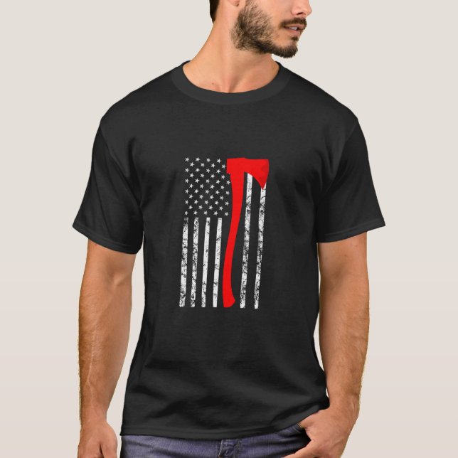 Camiseta Bombeiro American Flag Ax Thin Red Line (Frente)