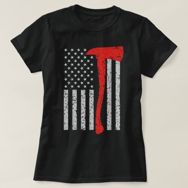Camiseta Bombeiro American Flag Ax Thin Red Line Patrio (Frente do Design)