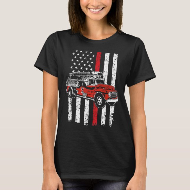 Camiseta Bombeiro Americano Flag Red Line EUA Bombeiro (Frente)