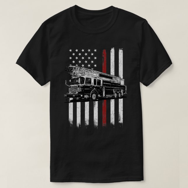 Camiseta Bombeiro americano Flag Thin Red Line Fire Fir (Frente do Design)