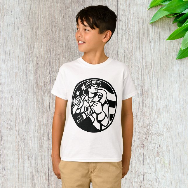 Camiseta Bombeiro Americano Herói Negrito e Branco (Criador carregado)