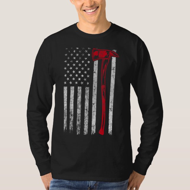 Camiseta Bombeiro Ax U Flag Thin Red Line Fireman Pat (Frente)