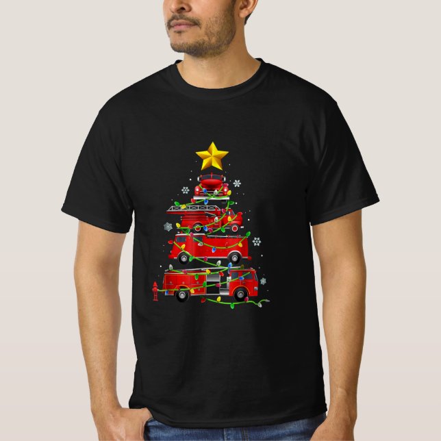 Camiseta Bombeiro Caminhão Árvores de Natal Mulheres (Frente)