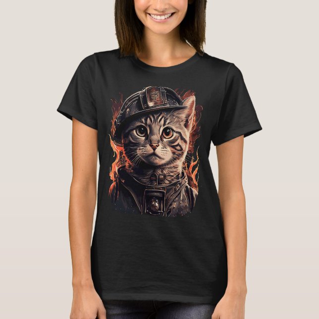 Camiseta Bombeiro Cat Kitten Bombeiro Helmet (Frente)