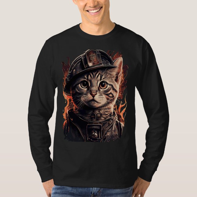 Camiseta Bombeiro Cat Kitten Bombeiro Helmet (Frente)