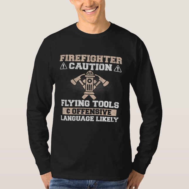 Camiseta Bombeiro - Ferramentas Voadoras de Precaução - Lan (Frente)