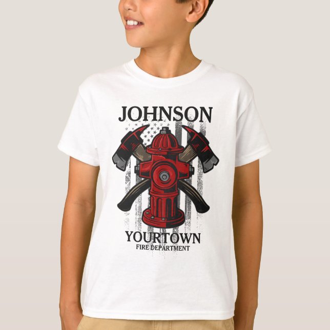 Camiseta Bombeiro NOME Fire Department Hydrant USA Flag (Frente)
