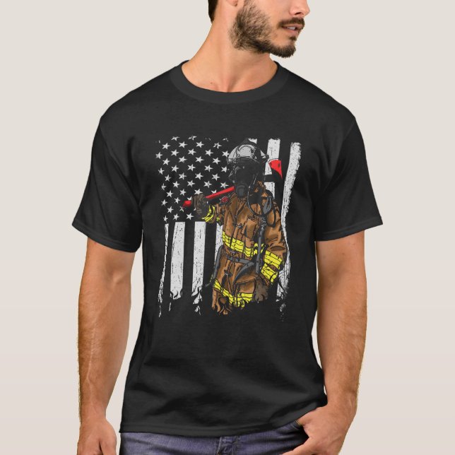 Camiseta Bombeiro Patriótico Americano Flag Fireman Fi (Frente)