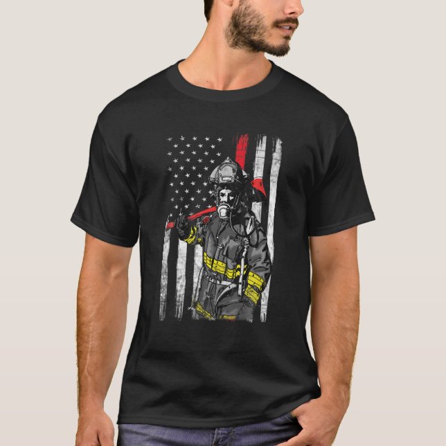 Camiseta Bombeiro Patriótico Americano Flag Fireman Fi (Frente)