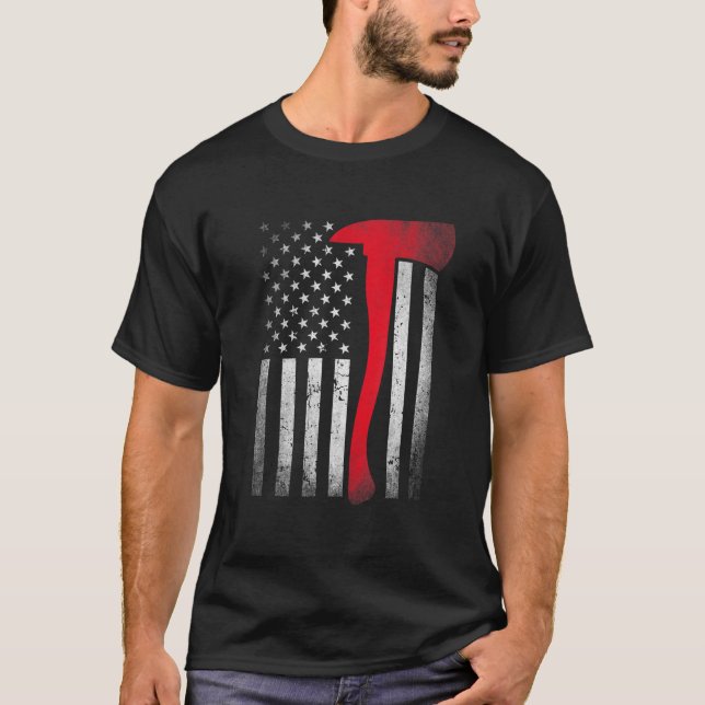 Camiseta Bombeiro Patriótico, Bombeiro Americano Flag Ax Re (Frente)