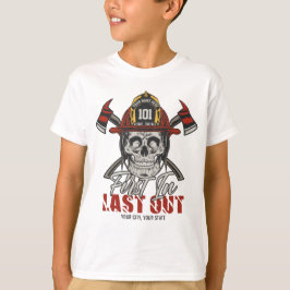 Camiseta Bombeiro Personalizado NOME Primeiro a Entrar Últi