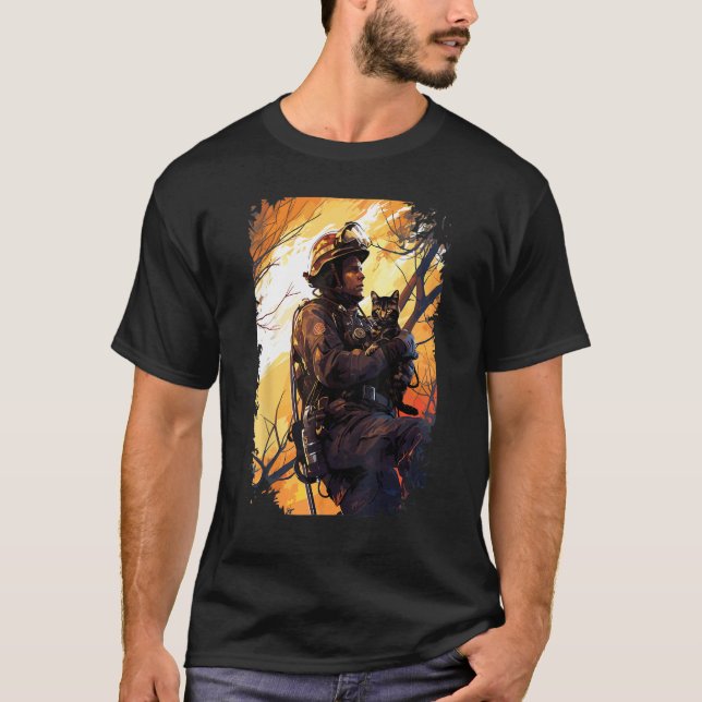 Camiseta Bombeiro Salvando Um Gato - Bombeiro (Frente)