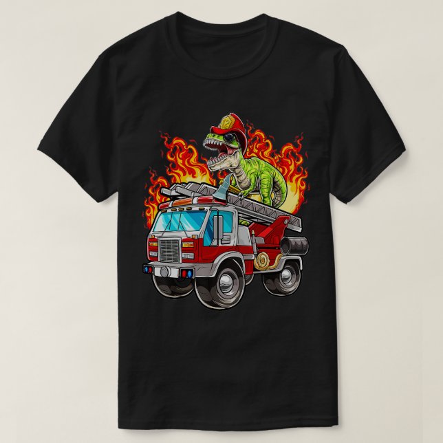 Camiseta Bombeiro T Rex Dinossaur Firefighter Hat e Firetru (Frente do Design)