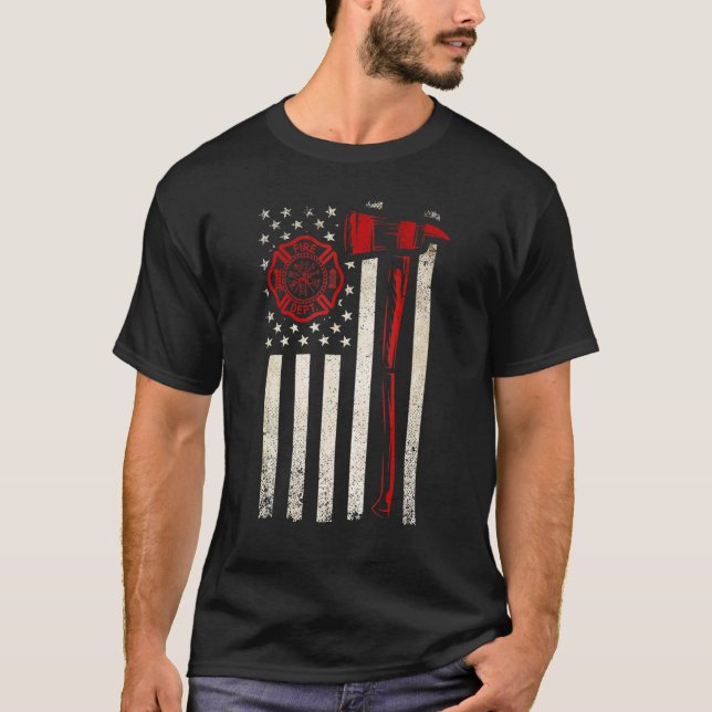 Camiseta Bombeiro Thin Red Ax American Flag Patriot (Frente)
