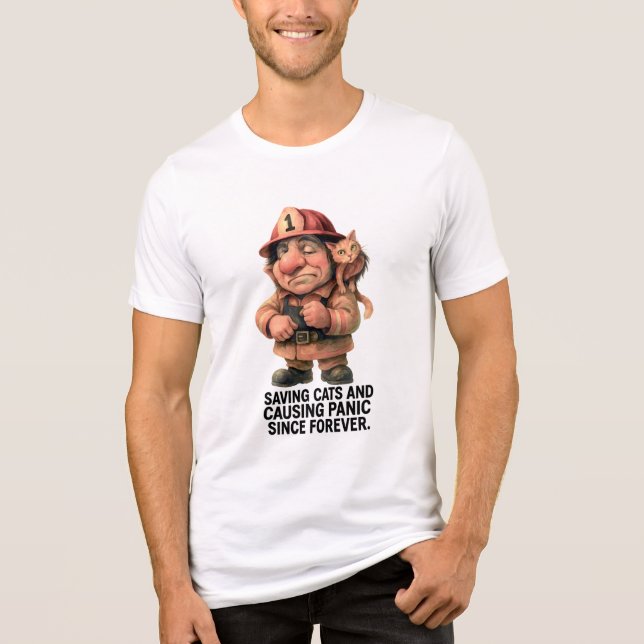 Camiseta Bombeiro troll - Salvando gatos e causando pânico (Frente)