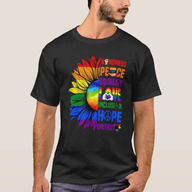 Camiseta Bondade Paz Igualdade Amor Orgulho gay Sunflower L (Frente)
