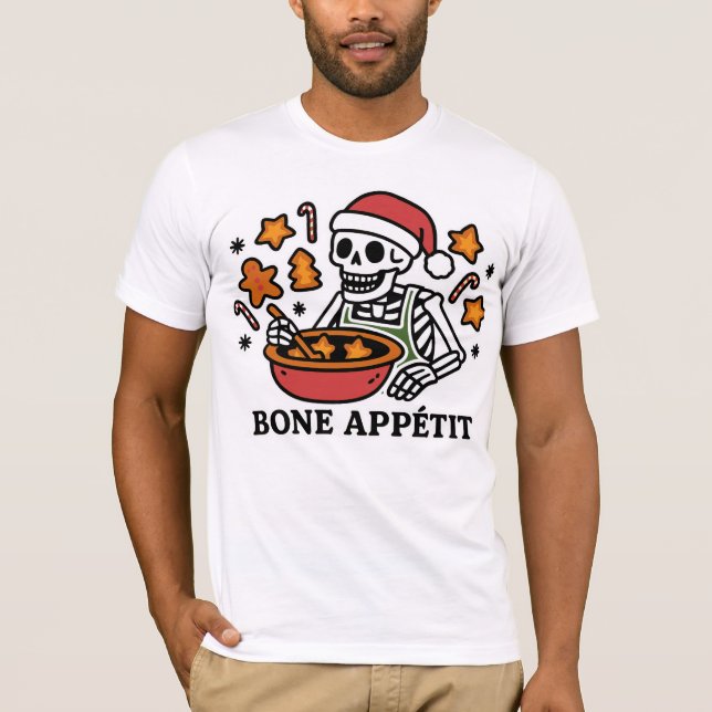 Camiseta Bone Appétit: Esqueleto Engraçado Baking (Frente)