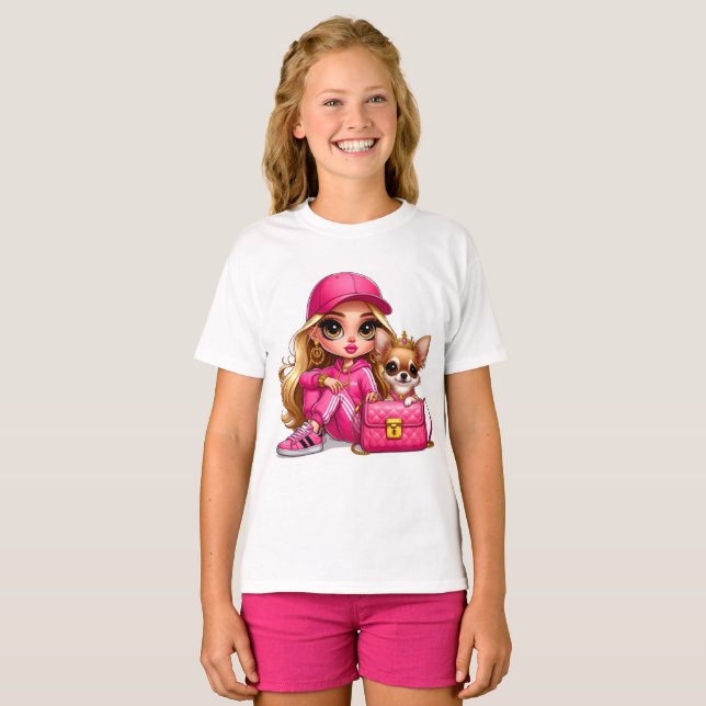 Camiseta Boneca de Moda Rosa e Cobertor de Fleece de Cachor (Frente Completa)