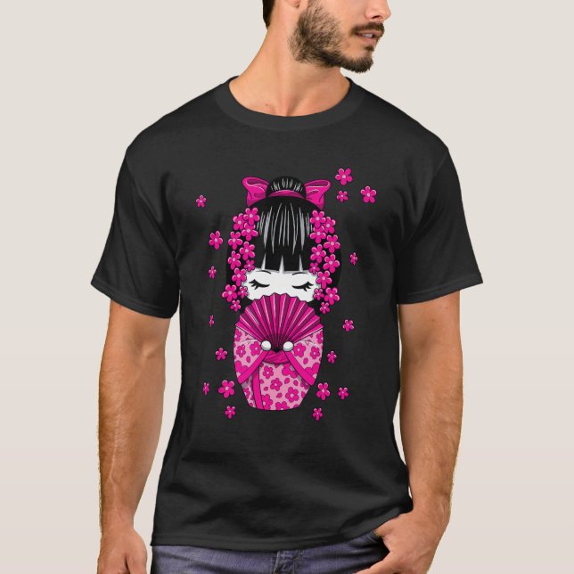 Camiseta Boneca Kokeshi com flores de cerejeira japonesa (Frente)