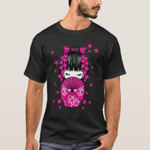 Camiseta Boneca Kokeshi com flores de cerejeira japonesa
