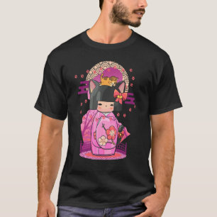 Camiseta Boneca Kokeshi Gato Estética Japonesa