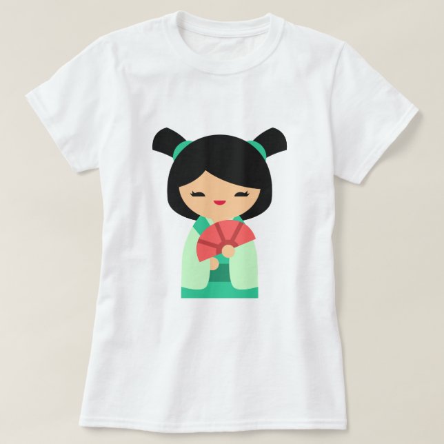 Camiseta Bonecas japonesas cor-de-rosa Kokeshi (Frente do Design)