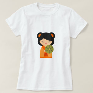 Camiseta Bonecas japonesas laranja-brancas Kokeshi
