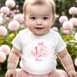 Camiseta Boneco Cor-de-rosa Nome do primeiro aniversario Fl