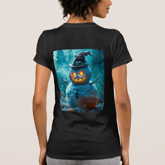 Camiseta Boneco de Neve Assustador de Halloween com Olhos B (Verso)