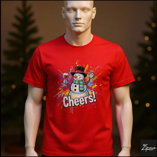Camiseta Boneco de Neve Brinda Vinho Pintura com respingos