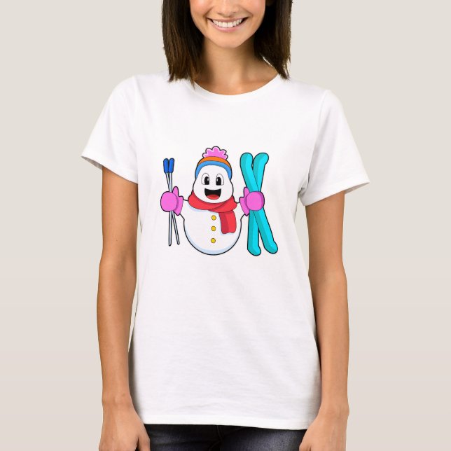 Camiseta Boneco de neve como esquiador com esqui (Frente)