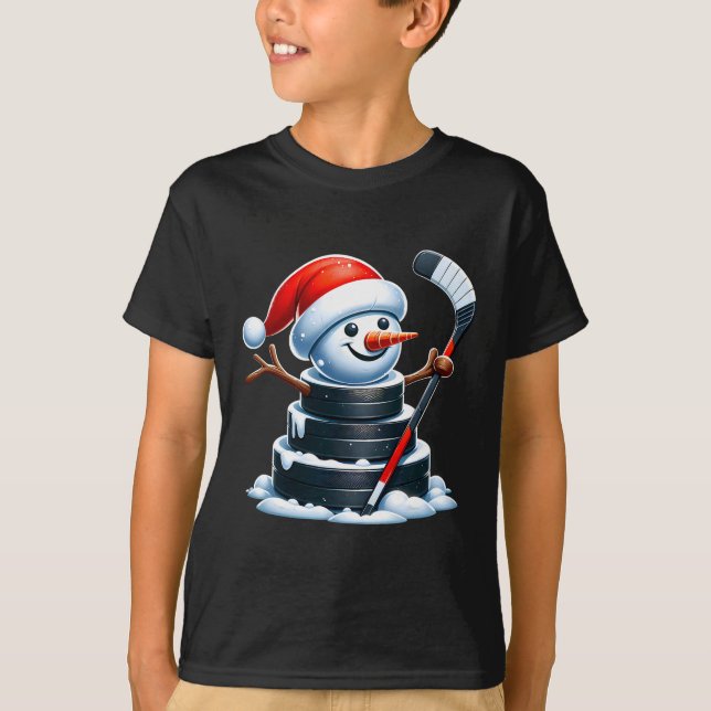 Camiseta Boneco de Neve de Disco de Hóquei no Gelo de Desen (Frente)