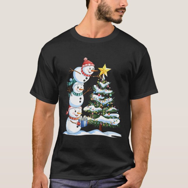 Camiseta Boneco de Neve de Natal Árvore de Natal Boneco de  (Frente)
